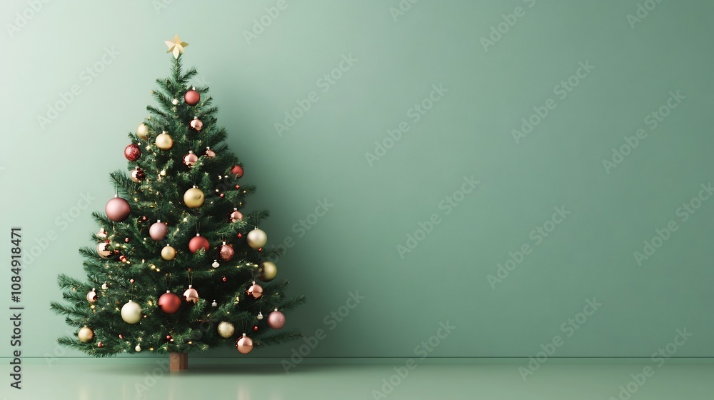 Elegant Minimal 3D Christmas Tree with Scattered Ornaments on Green Background Elegant Minimal 3D Christmas Tree with Scattered Ornaments on Green Background