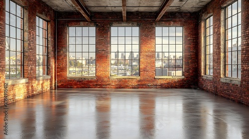 Spacious Industrial Loft with Large Windows Offering Urban Views and Natural Light in a Brick-Walled Setting Ideal for Creative Events and Photography