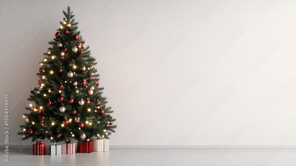 Sparkling Christmas Tree with Twinkling Lights on Blank White Background,3D