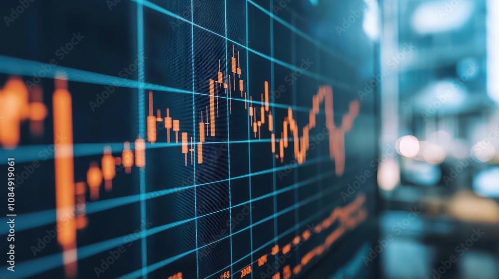 A close-up view of a digital stock market chart displaying fluctuating data with lines and candlestick patterns in vibrant colors. A close-up view of a digital stock market chart displaying fluctuating data with lines and candlestick patterns in vibrant colors.