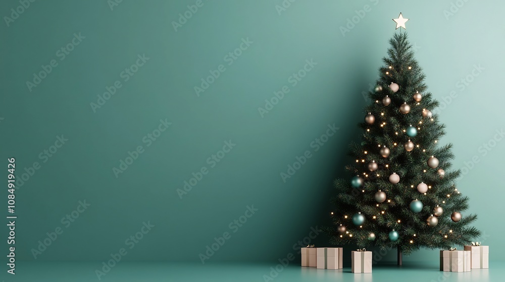 Festive Christmas Tree with Sparkling and Lights in Minimalist Setting Festive Christmas Tree with Sparkling and Lights in Minimalist Setting