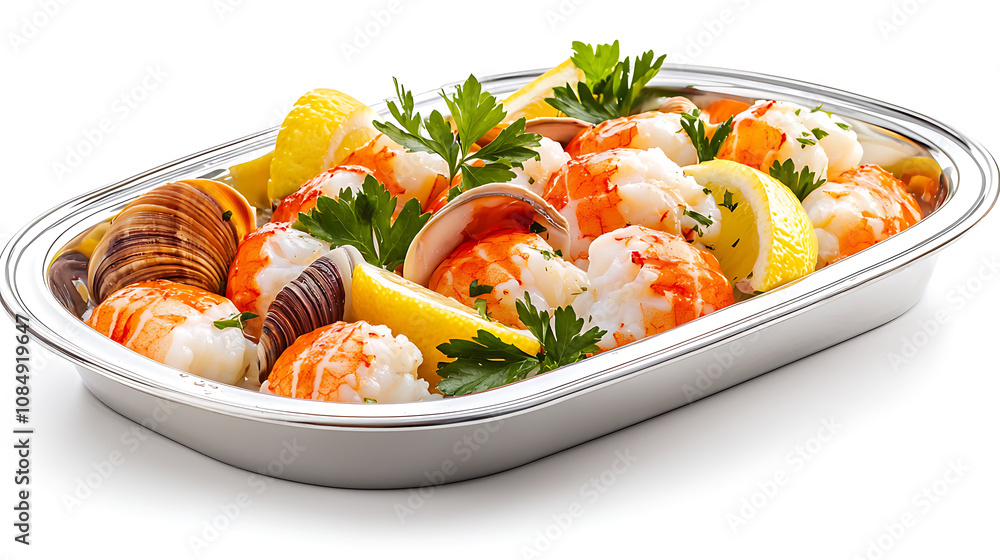 Fresh seafood platter featuring shrimp, clams, and lemon garnished with parsley, perfect for delightful meal Fresh seafood platter featuring shrimp, clams, and lemon garnished with parsley, perfect for delightful meal