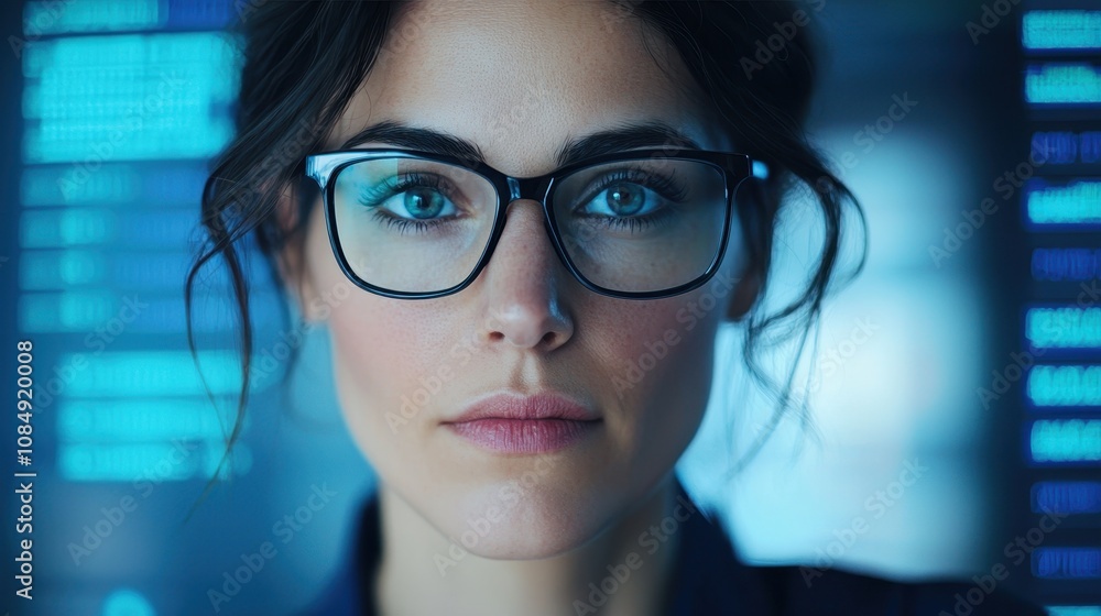 A focused woman with glasses stares intently at the camera, surrounded by glowing digital screens, showcasing a futuristic, tech-savvy environment. A focused woman with glasses stares intently at the camera, surrounded by glowing digital screens, showcasing a futuristic, tech-savvy environment.