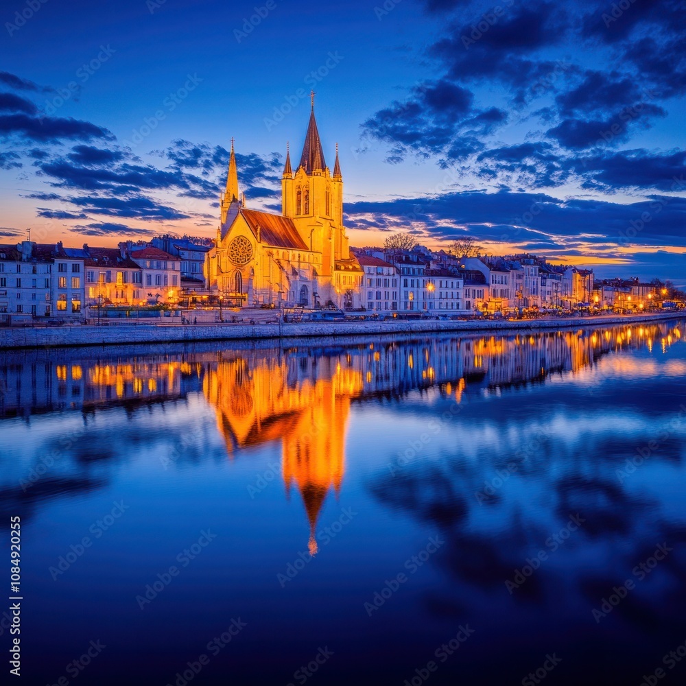 Fototapeta premium Burgundy France: Panoramic View of Yonne River & Auxerre Church