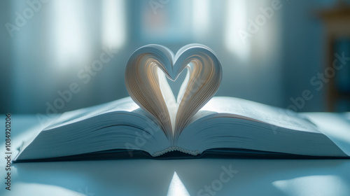 An open book with pages folded into the shape of a heart on a white background, photo