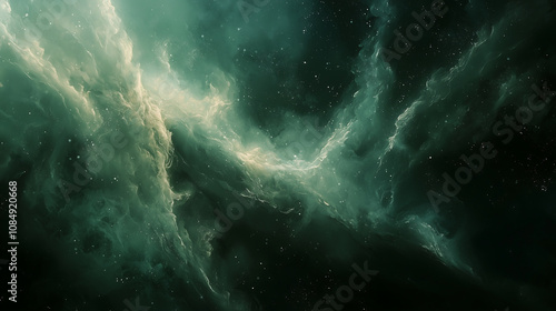 mesmerizing cosmic scene featuring swirling green tones and ethereal clouds, evoking sense of wonder and tranquility in vastness of space