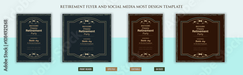 Happy retirement flyer, social media post design, banner, vector, pension, savings, plan, brochure, fund, magazine, traditional, old, elder citizen, party, free, senior, a4 template bundles.
