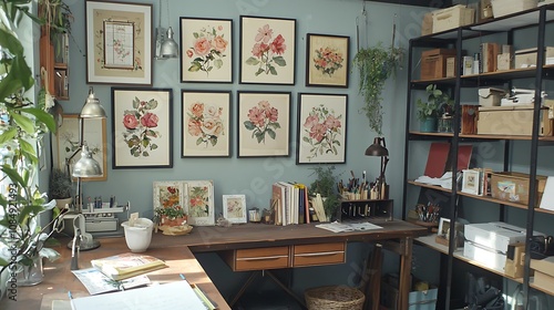 Watercolor flower pictures adorn a creative workshop wall. Shelves with picture frames enhance inspiration in the room.