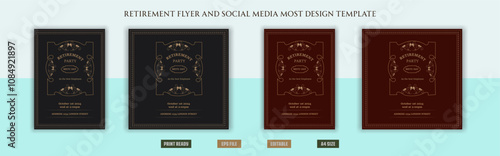 Happy retirement flyer, social media post design, banner, vector, pension, savings, plan, brochure, fund, magazine, traditional, old, elder citizen, party, free, senior, a4 template bundles.
