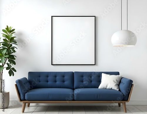 A modern living room with a navy blue tufted sofa, a blank framed wall art, and a minimalist pendant light fixture