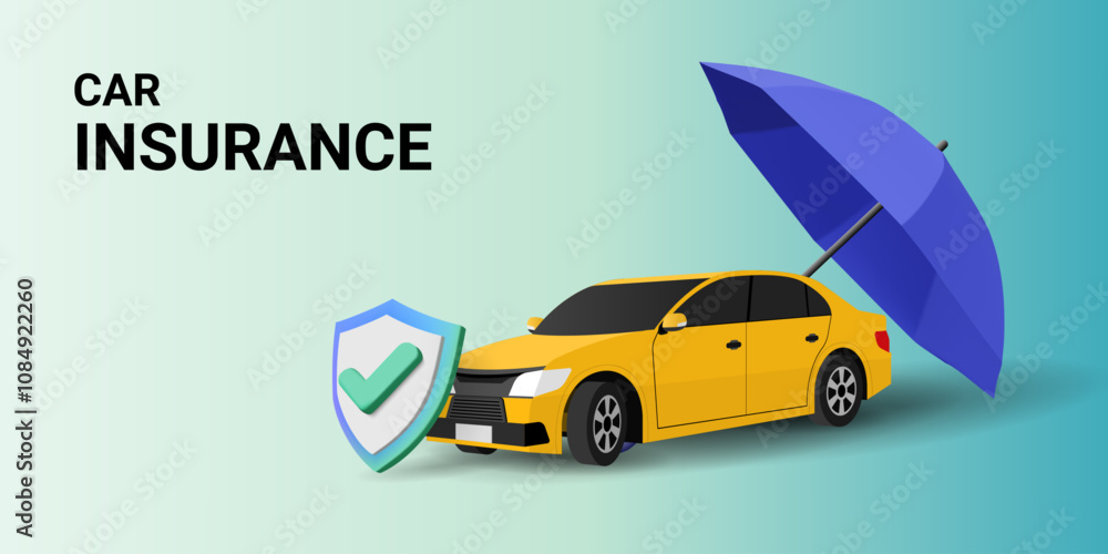 Naklejka premium 3d vector illustration of Car insurance concept. Car with umbrella and protective shield. Assurance protection, Policy Guarantee business, Safety assurance, Business Insurance, Car accident.