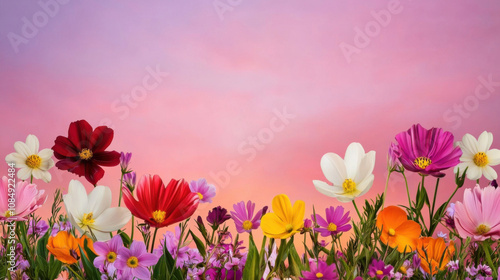 Inner peace mysticism concept. Vibrant flowers in various colors against sunset sky backdrop