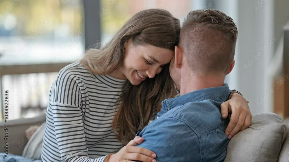 A couple sharing a tender moment, smiling and embracing in a cozy indoor setting. A couple sharing a tender moment, smiling and embracing in a cozy indoor setting.