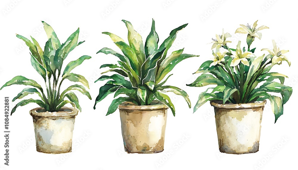 Watercolor houseplants. Hand-painted green plants in flower pots. Flowers isolated on a white background. Watercolor houseplants. Hand-painted green plants in flower pots. Flowers isolated on a white background.