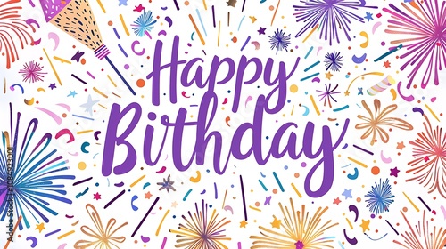 A colorful birthday-themed design featuring the text "Happy Birthday" surrounded by festive elements like fireworks and confetti.