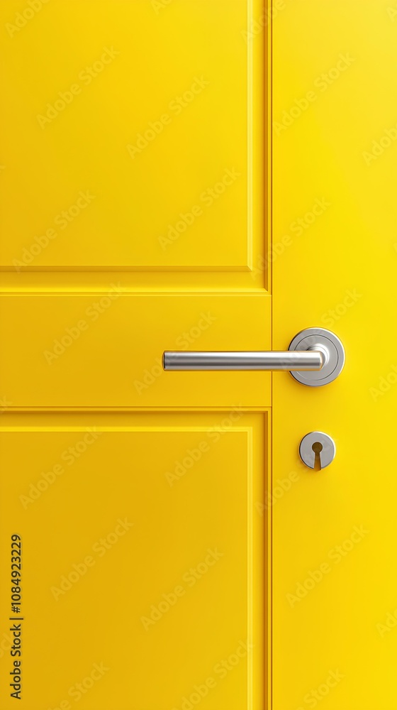 Obraz premium Bright yellow door with silver handle minimalistic design background