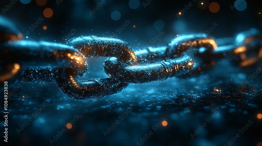 a chain link shattering into pieces, Abstract blue background with glowing lines in motion for video or television news. a chain link shattering into pieces, Abstract blue background with glowing lines in motion for video or television news.