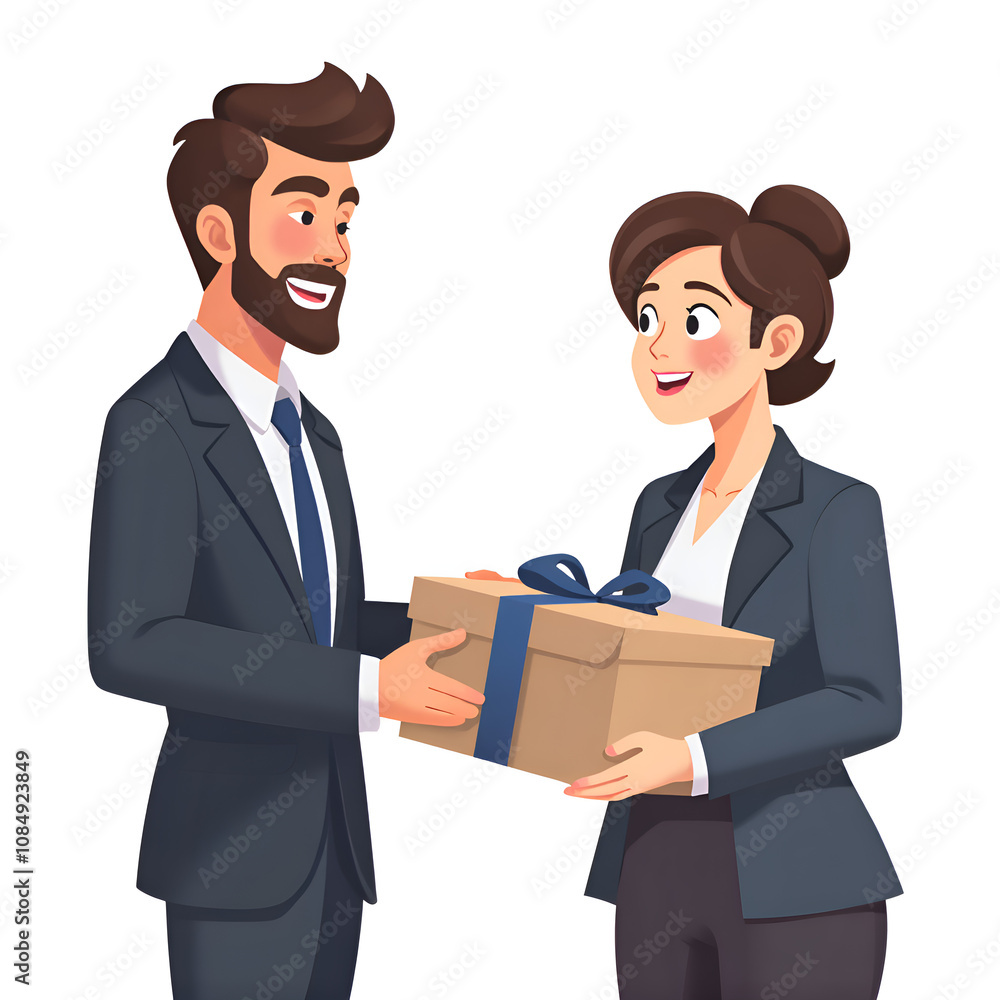 Professional colleagues engaging in a heartwarming gift exchange in business attire, digital illustration of character interaction concept. Professional colleagues engaging in a heartwarming gift exchange in business attire, digital illustration of character interaction concept.