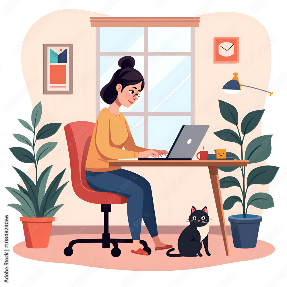 A cozy indoor workspace with a woman working on a laptop and a cat by her side, digital illustration of interior scene concept. A cozy indoor workspace with a woman working on a laptop and a cat by her side, digital illustration of interior scene concept.