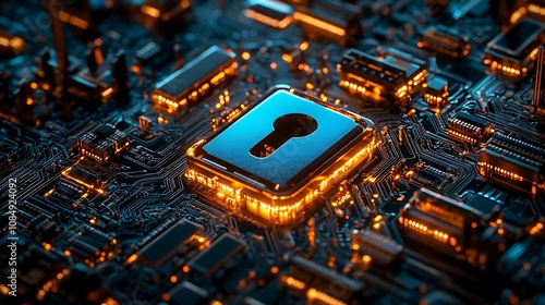 Red glowing padlock on the wall Cuber security concept
