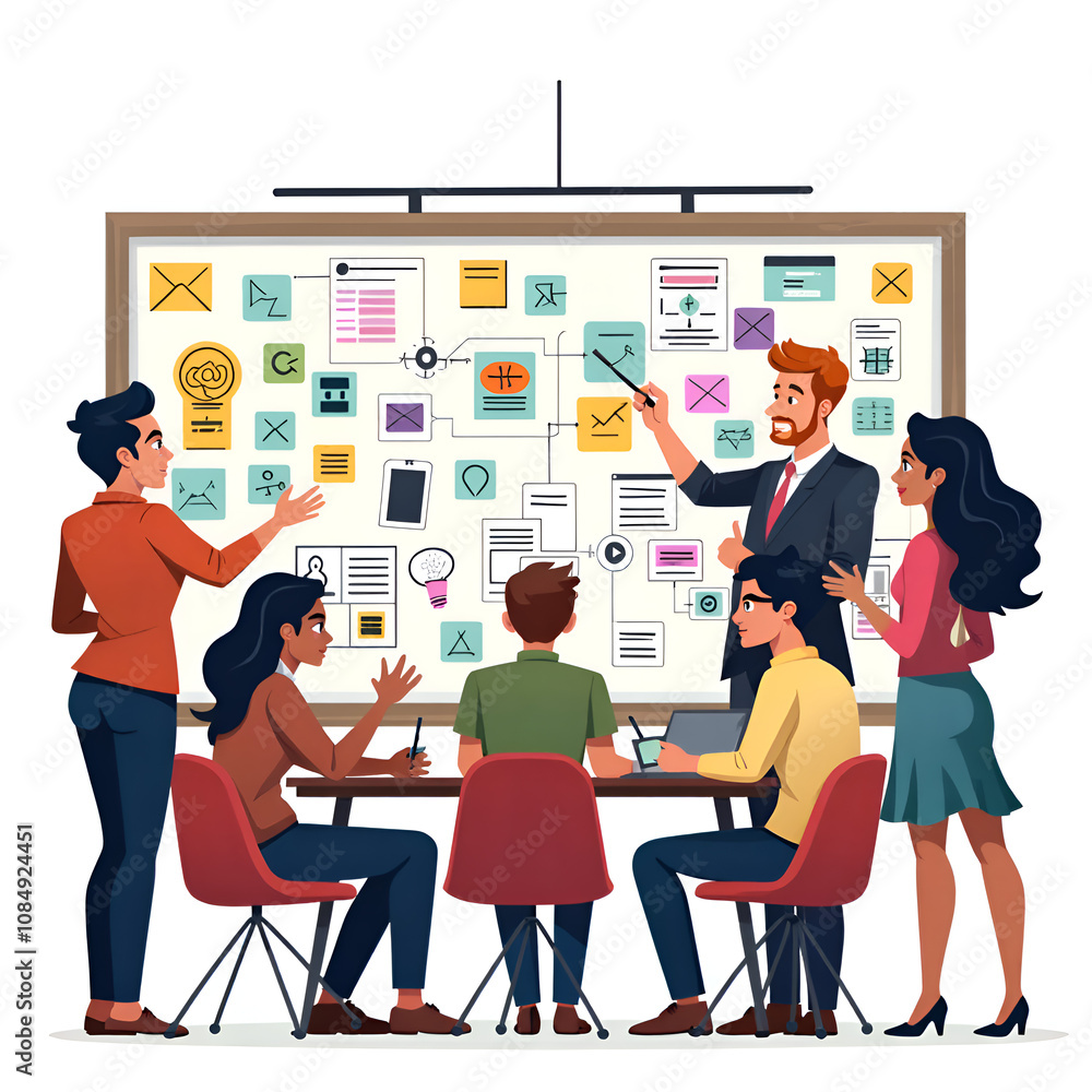 Dynamic team meeting with visual brainstorming on a presentation board, digital illustration of business collaboration concept. Dynamic team meeting with visual brainstorming on a presentation board, digital illustration of business collaboration concept.