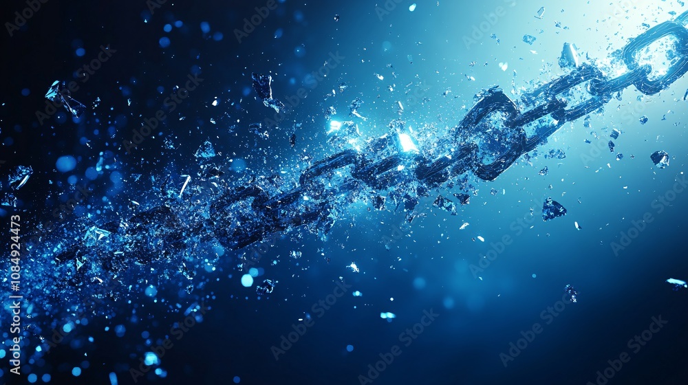 a chain link shattering into pieces, Abstract blue background with glowing lines in motion for video or television news. a chain link shattering into pieces, Abstract blue background with glowing lines in motion for video or television news.