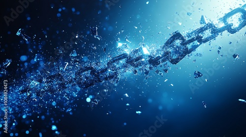 a chain link shattering into pieces, Abstract blue background with glowing lines in motion for video or television news. 