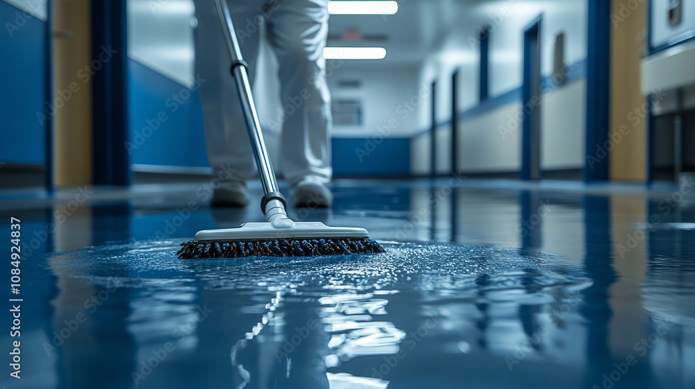 A uniformed cleaner carefully mops the epoxy floor in the patient room, making sure the hall floor is hygienically clean. A uniformed cleaner carefully mops the epoxy floor in the patient room, making sure the hall floor is hygienically clean.