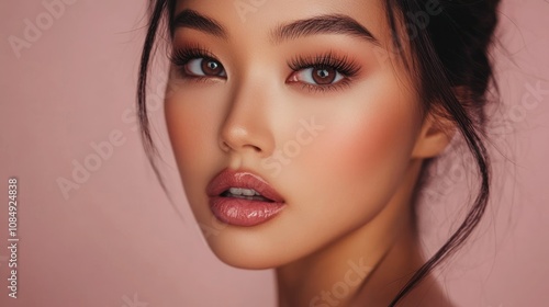 Wallpaper Mural Close-up Portrait of a Woman with Long Black Hair and Pink Lips Torontodigital.ca