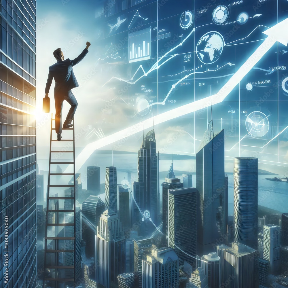 professional business A man standing on a ladder in front of a skyscraper with a man standing on the ladder. professional business A man standing on a ladder in front of a skyscraper with a man standing on the ladder.