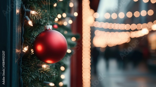 Festive red ornament hanging on a decorated Christmas tree photo