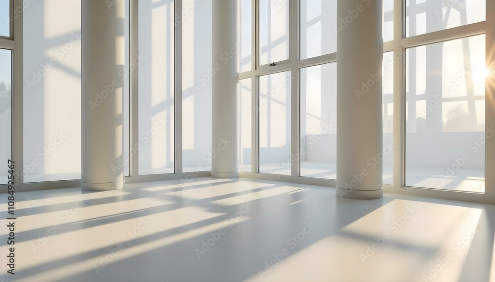 Fototapeta premium A bright, airy room with large windows letting in natural light. The room has white walls and floors, creating a clean, minimalist aesthetic.