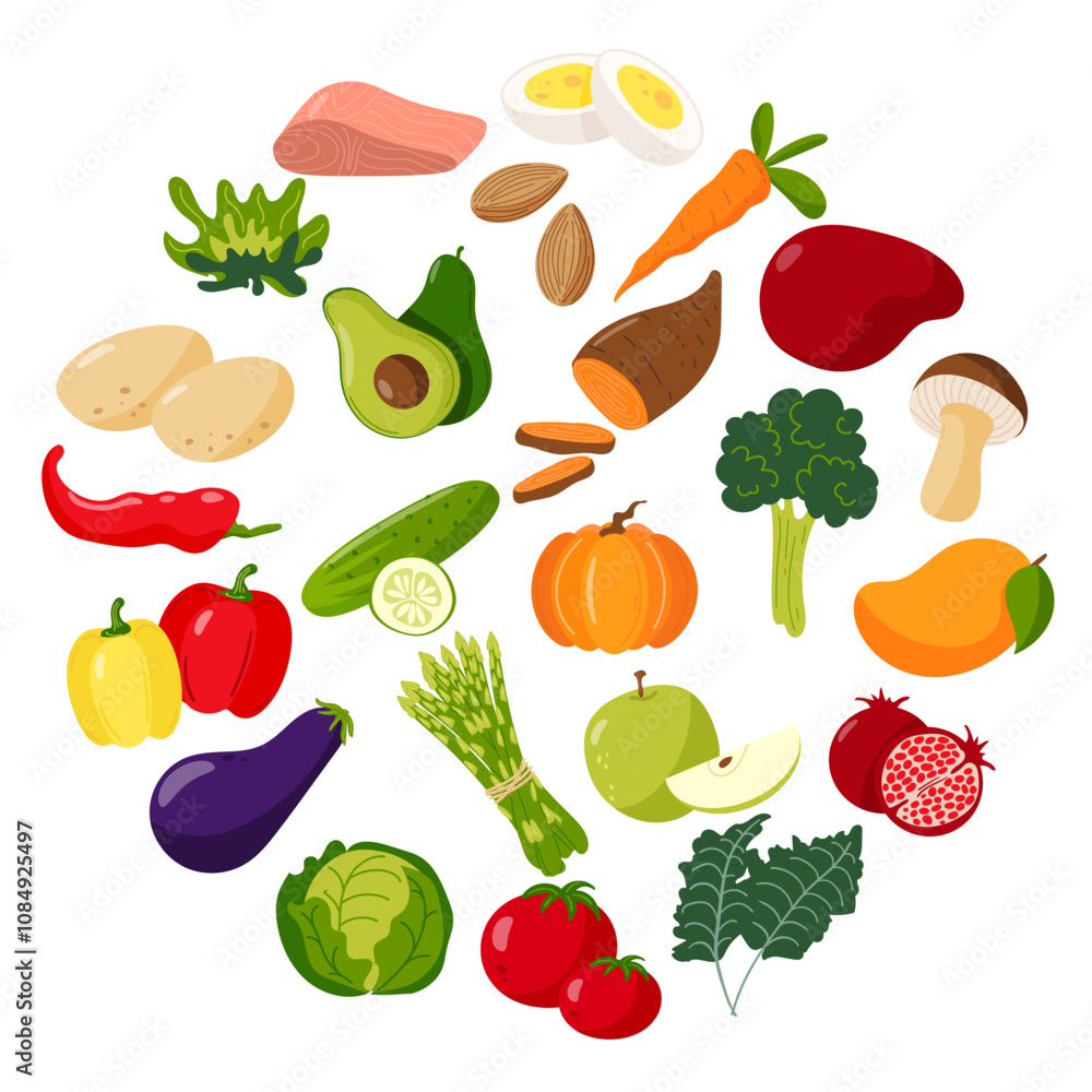 Vegetables Set in circle, Vector Illustrations. Fresh and Colorful Veggie Designs for Healthy Projects Vegetables Set in circle, Vector Illustrations. Fresh and Colorful Veggie Designs for Healthy Projects