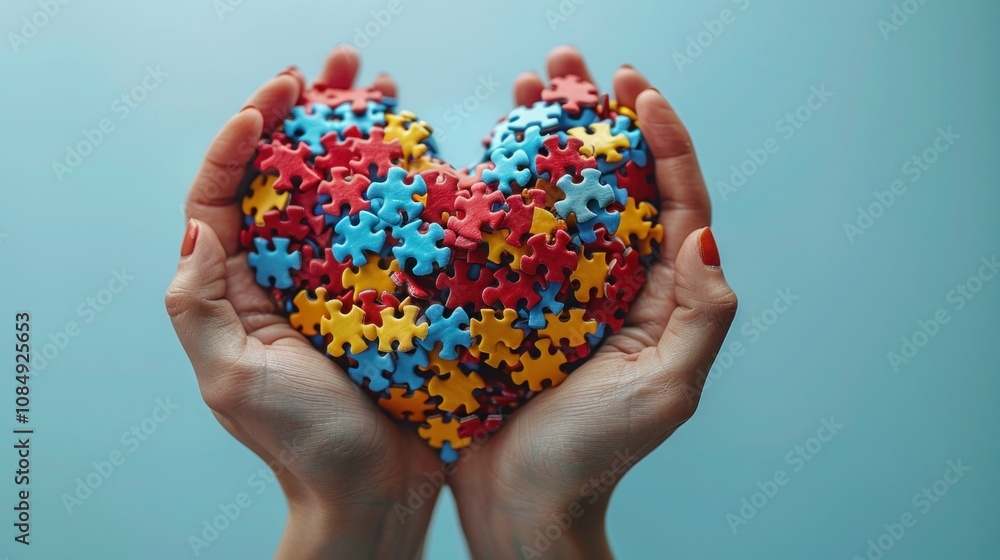 Autism Awareness: Female and Child Hands Holding Puzzle Heart on Light Blue Background