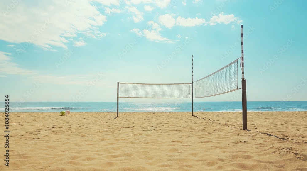 A calm beach volleyball court with a net and balls neatly positioned, A sunny, sandy beach with gentle waves in the background A calm beach volleyball court with a net and balls neatly positioned, A sunny, sandy beach with gentle waves in the background