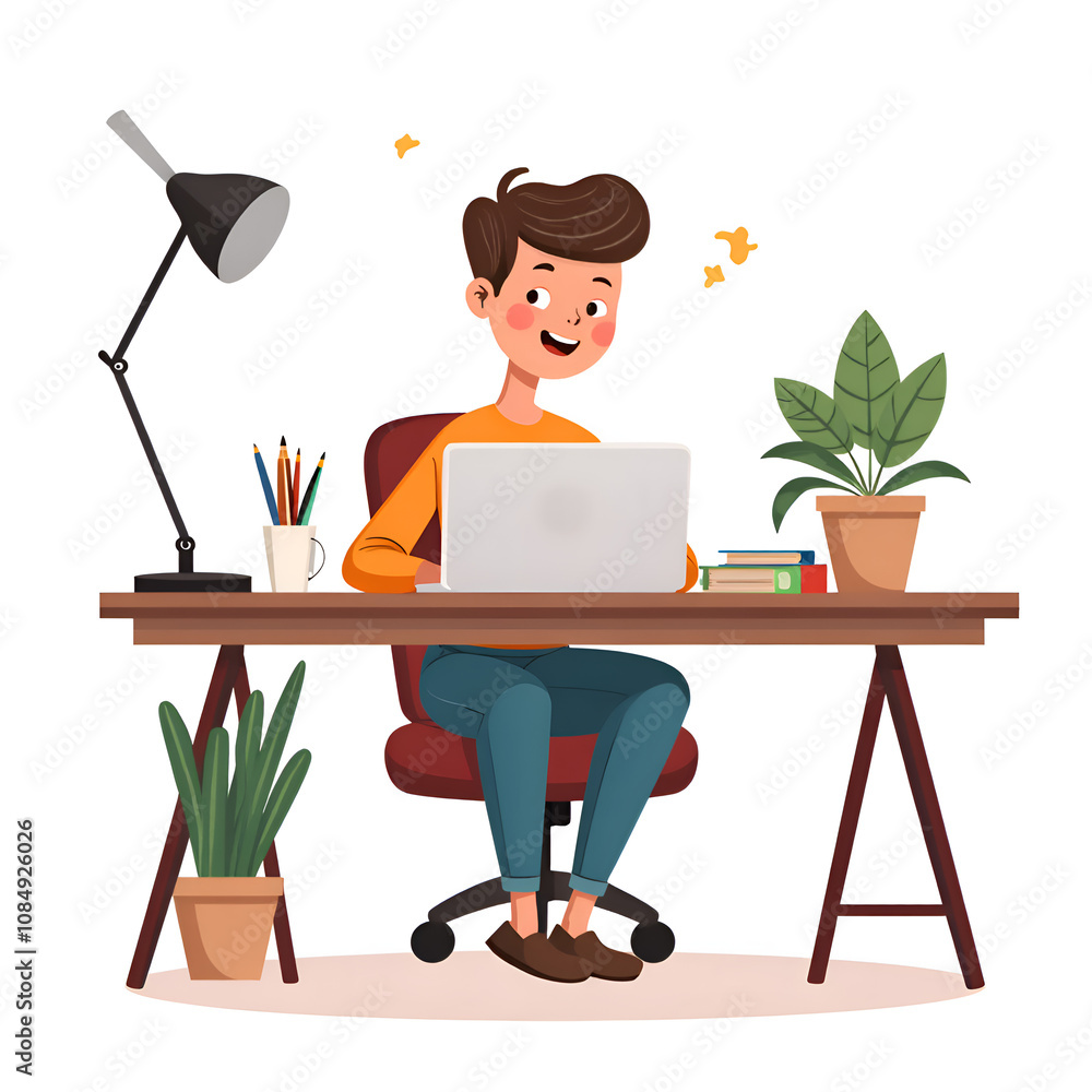 Cheerful young man working at a stylish desk with laptop and plants in a bright home office setting, digital illustration of work environment concept. Cheerful young man working at a stylish desk with laptop and plants in a bright home office setting, digital illustration of work environment concept.