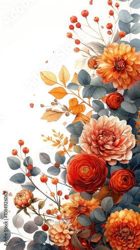 Autumn Floral Corner Border with Dahlia, Rose, and Eucalyptus Leaves: Rustic Wedding Watercolor Illustration of Burnt Orange Flowers and Terracotta Foliage on Yellow Background