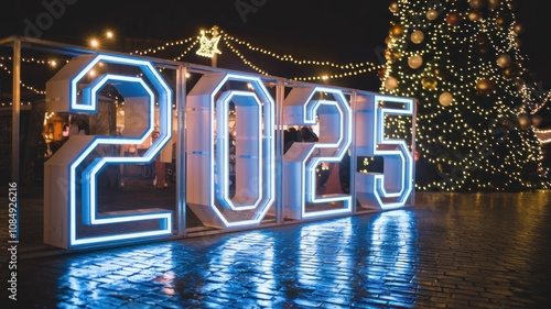 2025 neon sign with festive lights and Christmas tree. photo