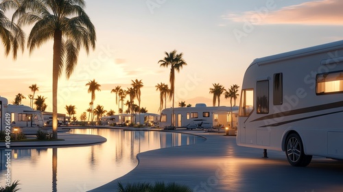 A highend RV park with spa facilities, infinity pools, and premium RVs under a clean, modern aesthetic