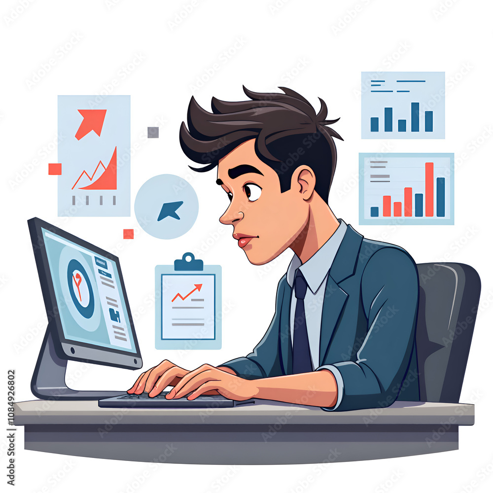 Focused professional analyzing business data on computer with graphs and charts in modern office environment, digital illustration of business analysis concept. Focused professional analyzing business data on computer with graphs and charts in modern office environment, digital illustration of business analysis concept.
