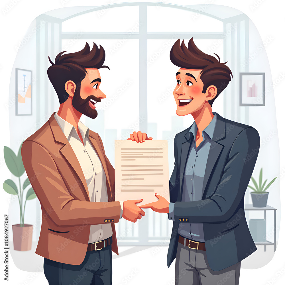 Two professional men exchanging a contract in a bright modern office setting, digital illustration of business interaction concept. Two professional men exchanging a contract in a bright modern office setting, digital illustration of business interaction concept.