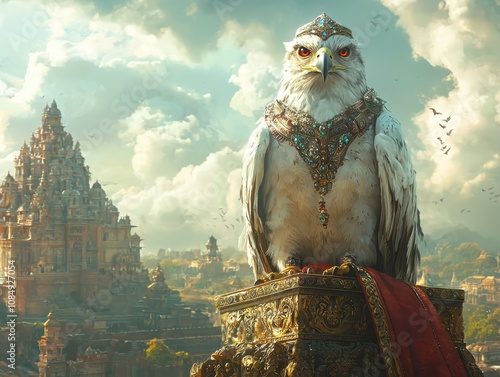 Majestic fierceeyed eagle perched on a gilded throne ancient temple ruins digital art serene landscape eye-level view symbol of power and majesty photo