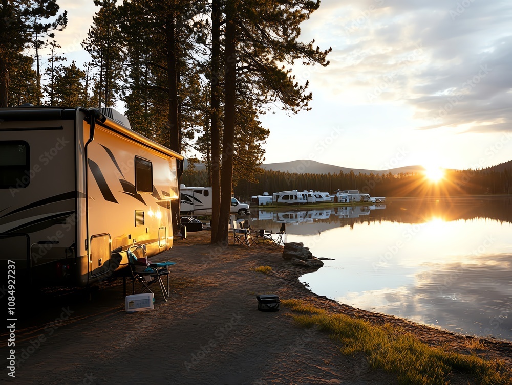 A serene lakeside campground surrounded by dense pine trees, with RVs parked near the shore and soft golden light reflecting off the water A serene lakeside campground surrounded by dense pine trees, with RVs parked near the shore and soft golden light reflecting off the water