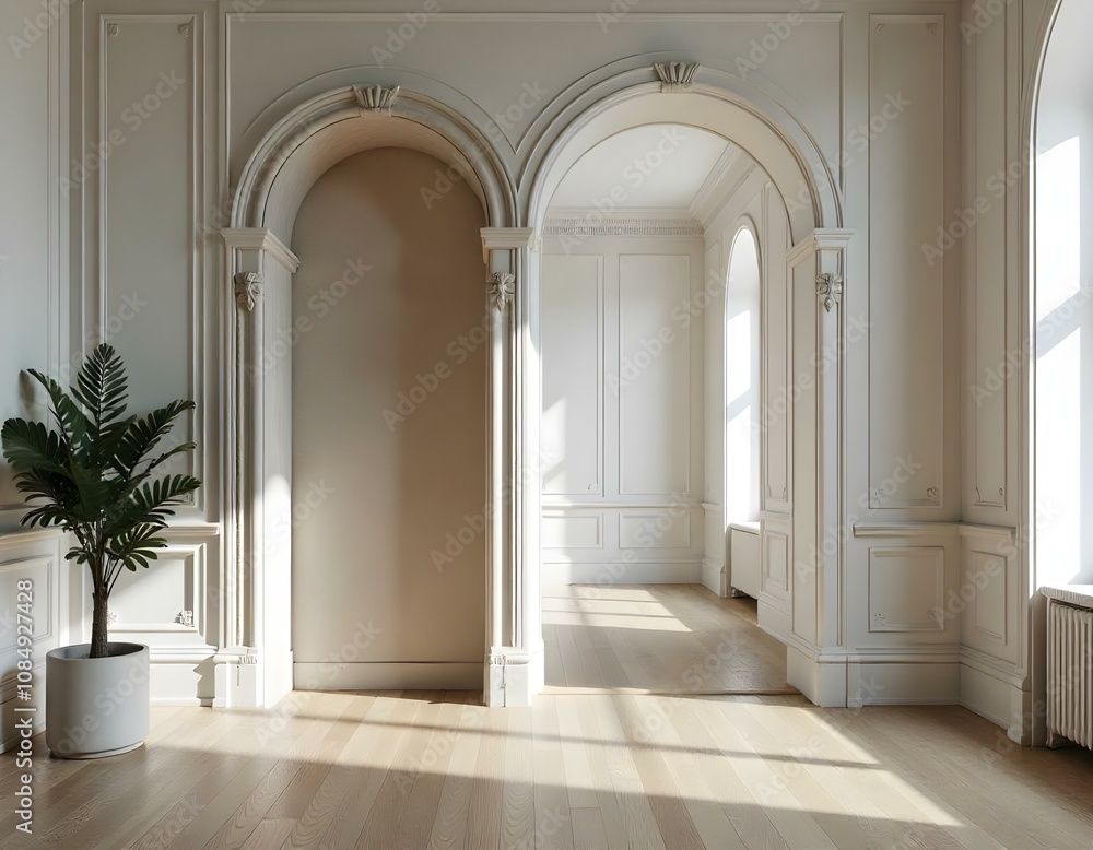 Fototapeta premium A large, ornate marble archway leads into a bright, open room with white paneled walls and hardwood floors. The room has a minimalist, elegant aesthetic