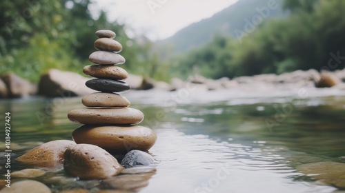 A calm rock balancing spot with stones and pebbles neatly stacked by a river, A tranquil riverside with clear water and smooth rocks, Minimalist nature style