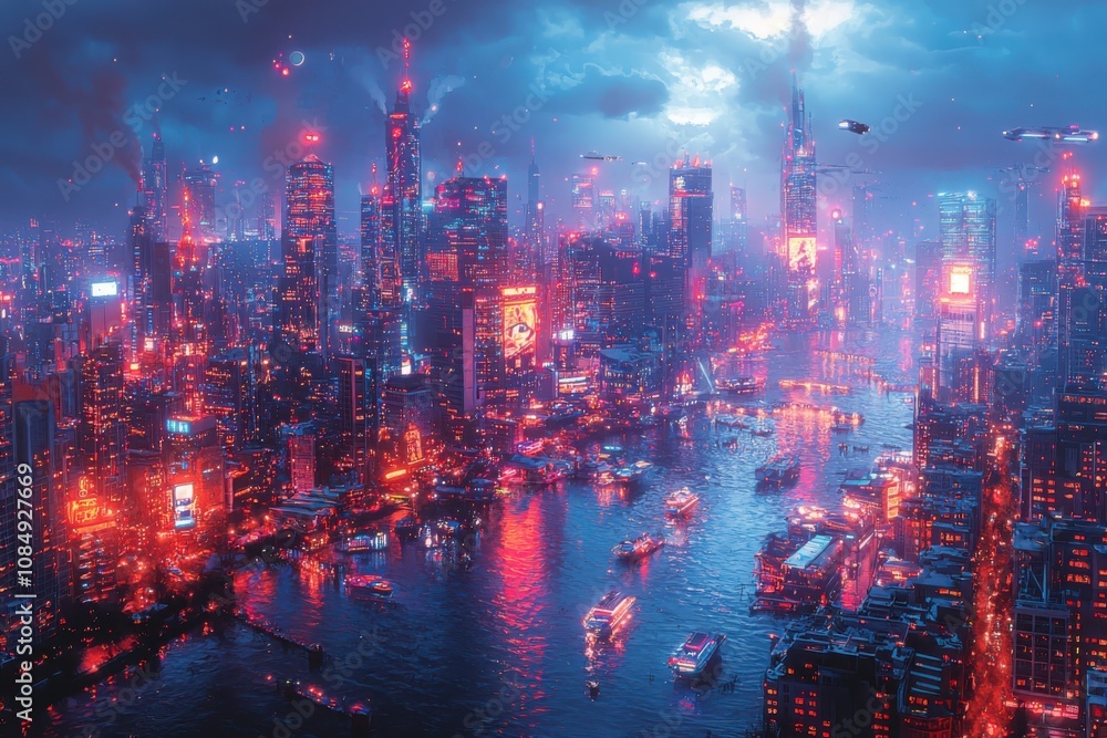 Fototapeta premium Exploring the future a dynamic showcase of a futuristic city with towering skyscrapers urban landscape digital atmosphere aerial perspective technological innovation