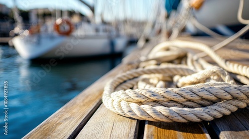 A calm sailing club dock with neatly coiled ropes and well-maintained sailboats, A tranquil marina with calm waters and a clear sky, Minimalist nautical style