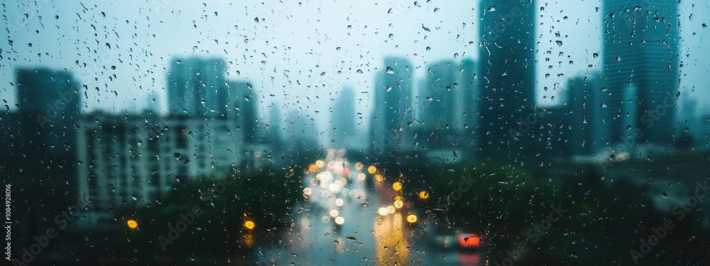 Rainy urban street view with blurred traffic lights and wet reflections of skyscrapers in dark weather Rainy urban street view with blurred traffic lights and wet reflections of skyscrapers in dark weather