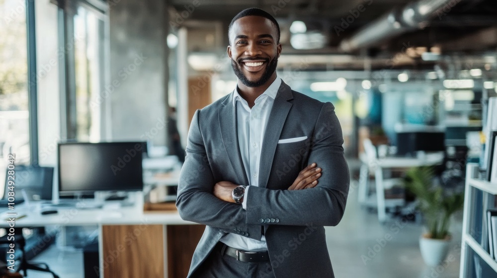 Confident African businessman smiling in a modern office, dressed in a sharp business suit, creating a professional and approachable atmosphere Confident African businessman smiling in a modern office, dressed in a sharp business suit, creating a professional and approachable atmosphere