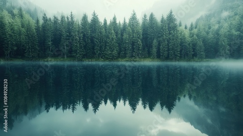 Cool morning scene with a forest reflected in the lake, gentle mist enhancing the calm atmosphere, capturing a quiet and peaceful moment of nature beauty